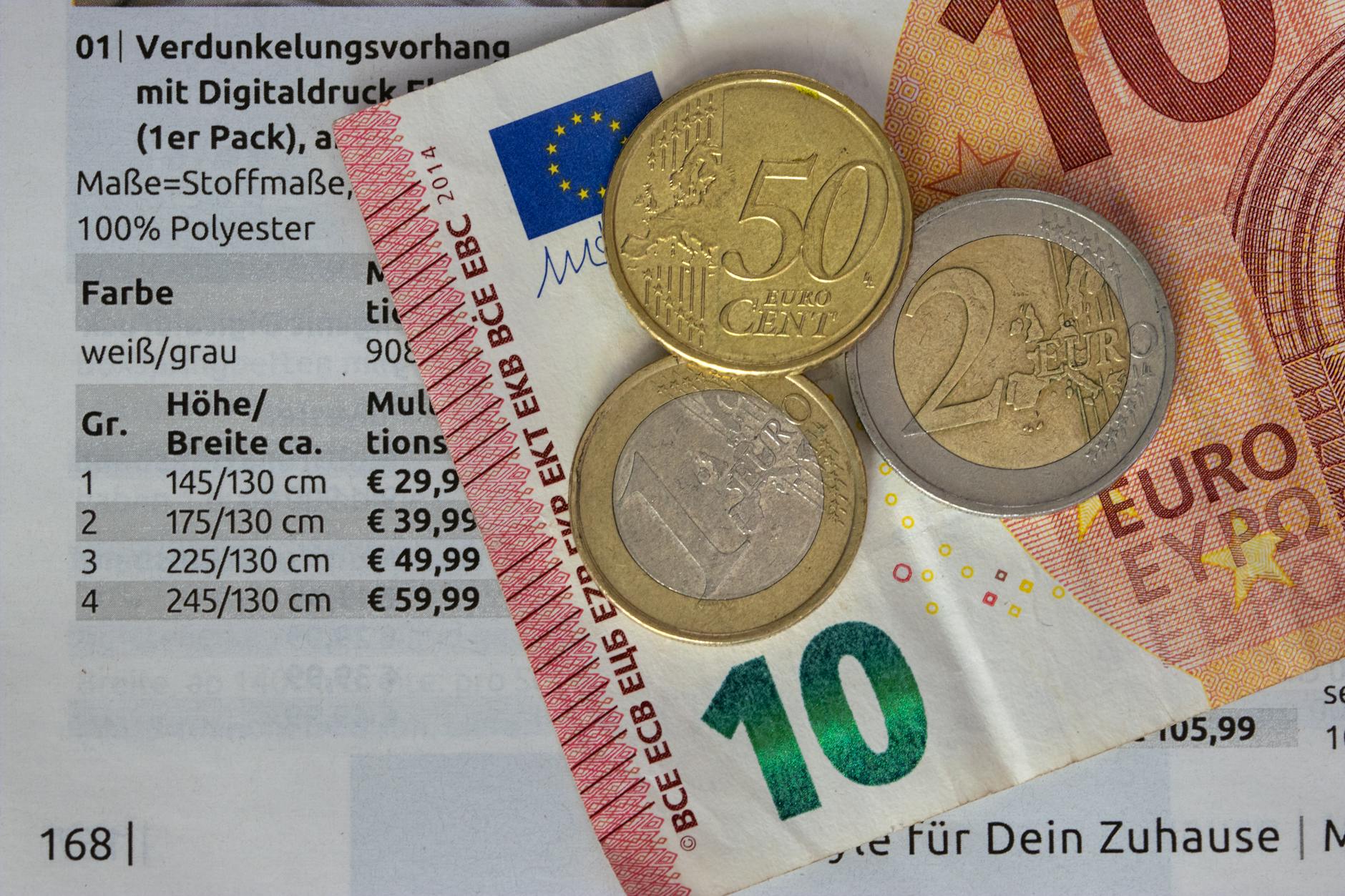 Monety i banknoty euro leżące na wydruku z cenami